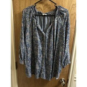 Intro Boutique Denim Peasant Blouse Paint Pattern Boho Western 2X Multicolor